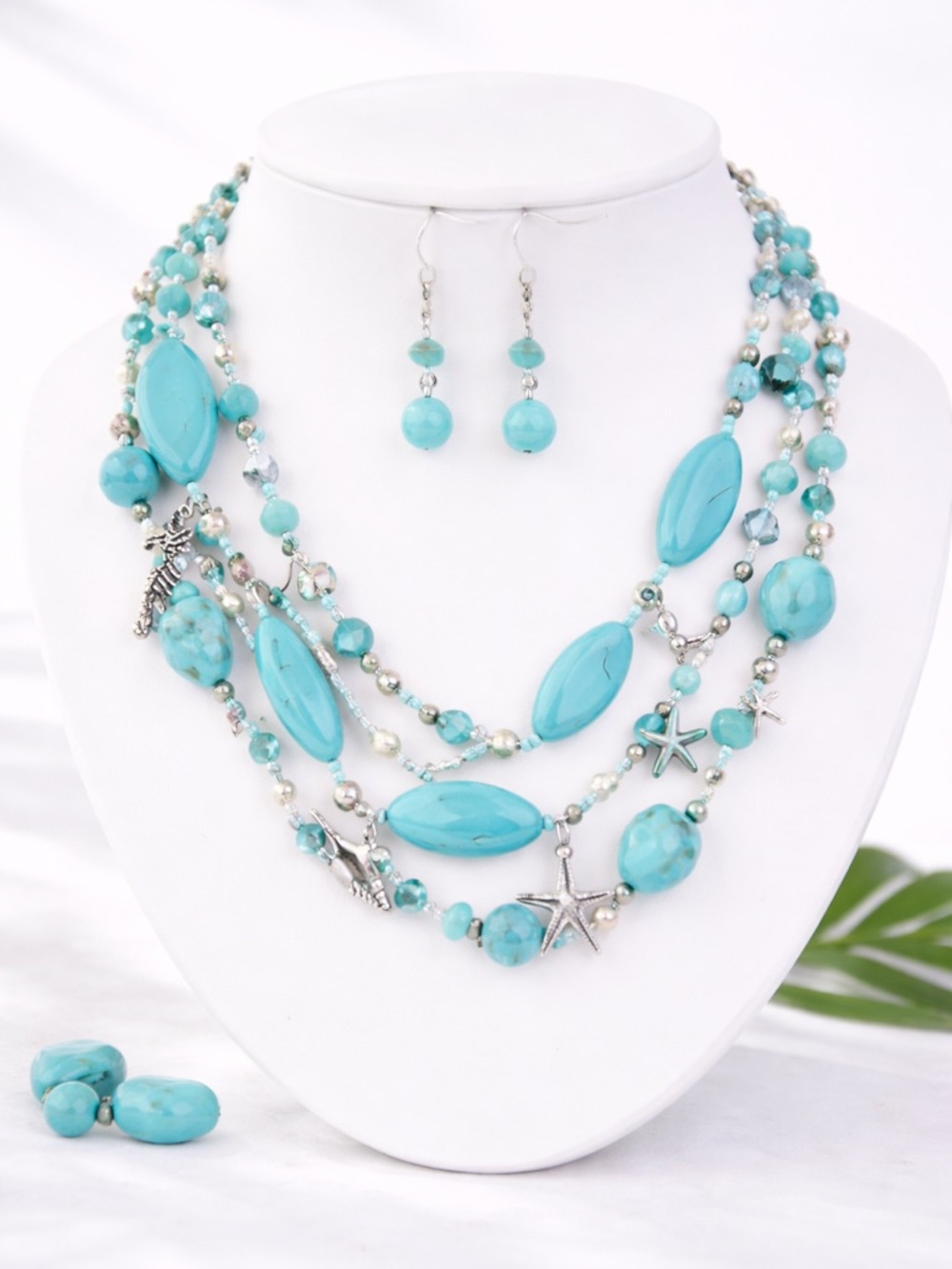 Natural Stone Bead Starfish Charm 3 Strand Necklace